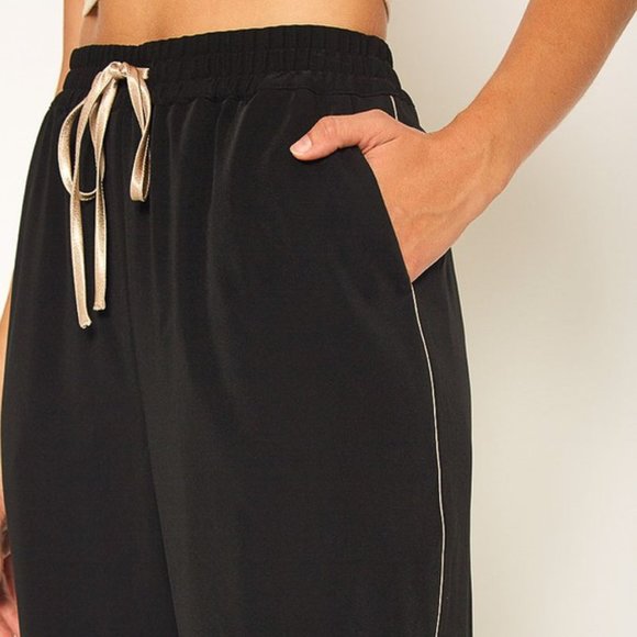 Drawstring Pants with Beige Satin Side Trim - Picture 2 of 4